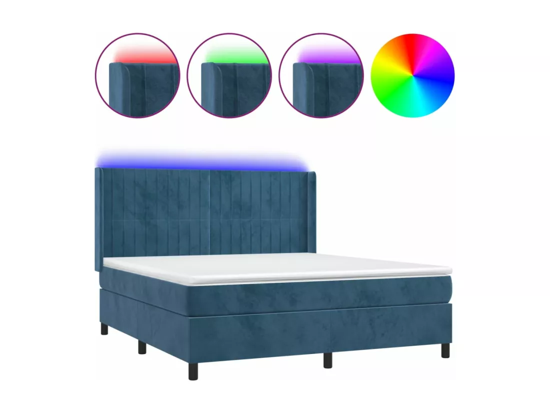 Sommier tapissier matelas et LED Bleu foncé 160x200 cm Velours