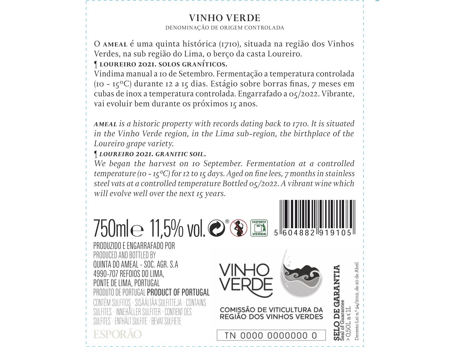 VINHO BRANCO AMEAL LOUREIRO VINHO VERDE 0.75L