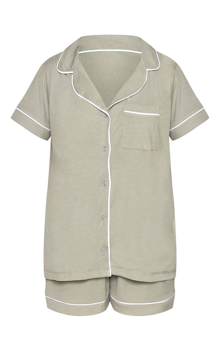 Vert Sauge Ensemble Pyjama Haut À Manches Courtes Et Short En Jersey Doux Avec Passepoil