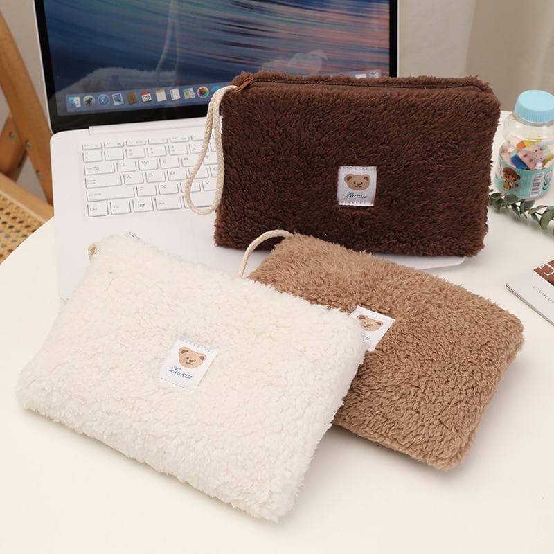 Ikiana - Fleece tas met rits en applicatie van een beer