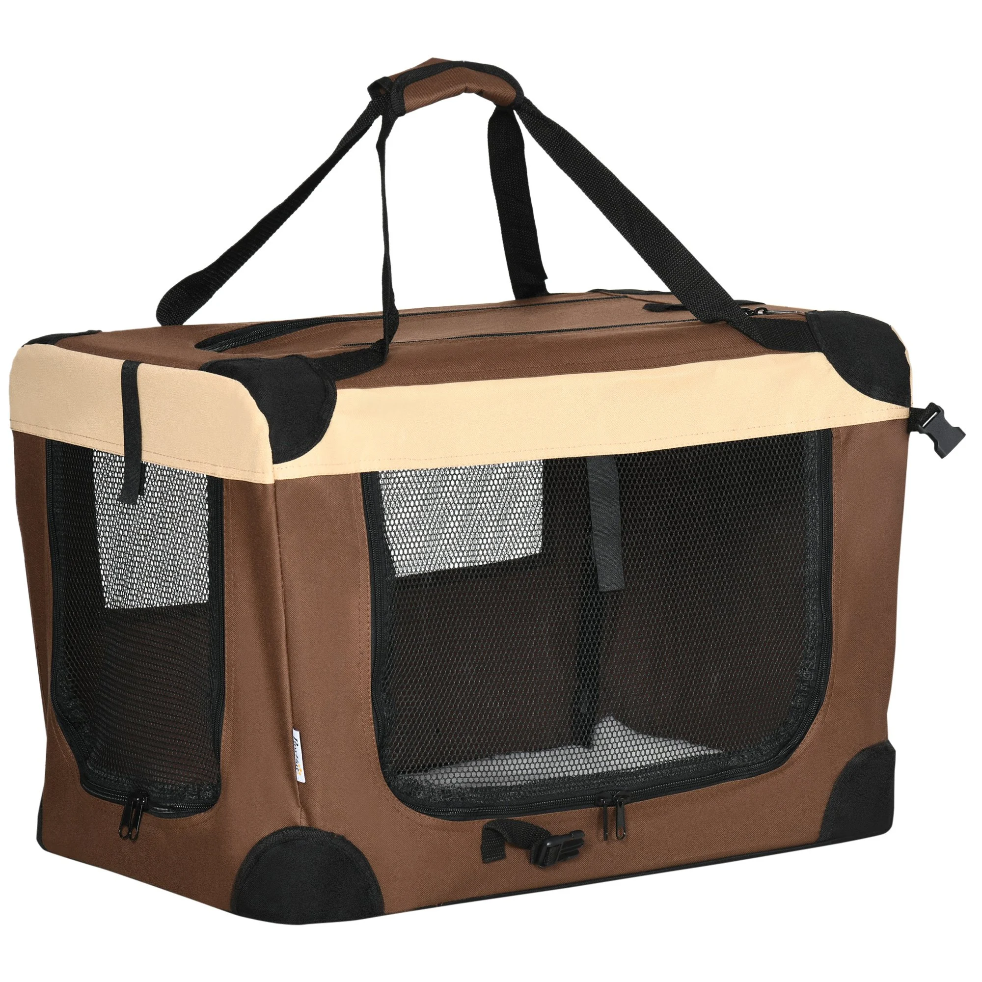 Mochila transportadora PawHut para cães e gatos, bolsa dobrável com almofada macia e 2 alças de ombro para carro, avião e viagens, 50,5 x 33,5 x 35 cm, marrom