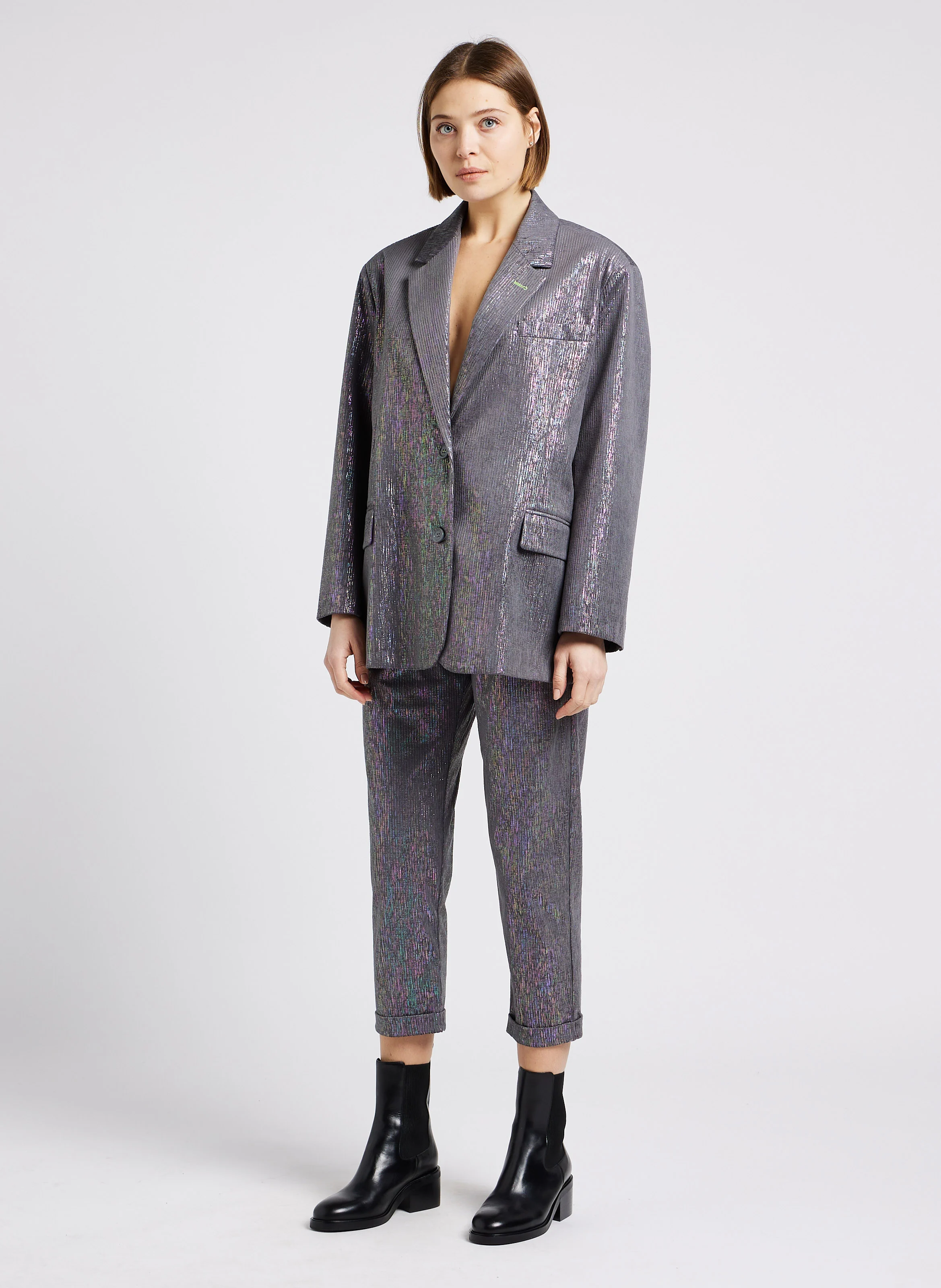 Pantalon chino en velour côtelé et fil lurex multicolor | Gris