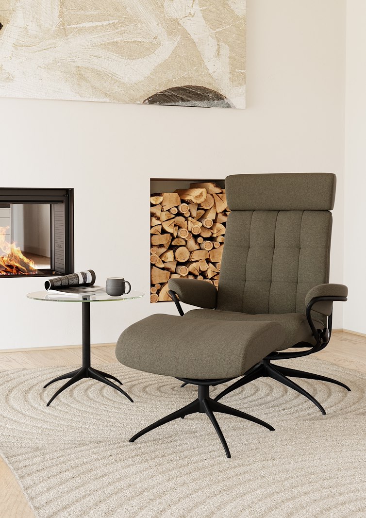 London lenestol Med regulerbar nakkestøtte. I tekstil Tulip Green og med sort Star base. Medium