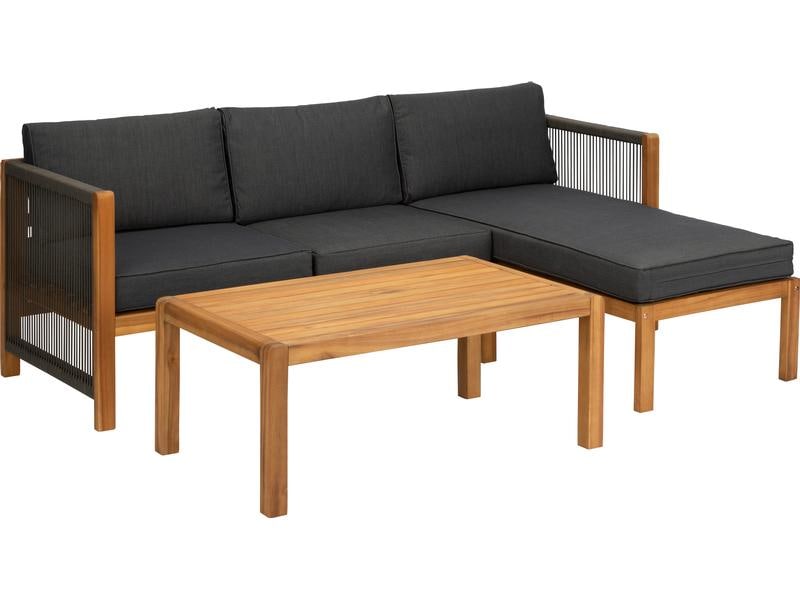 Acamp Loungeset Malaga Schwarz/Braun, 3 Sitzplätze Lounge- Set mit Tisch für den Garten