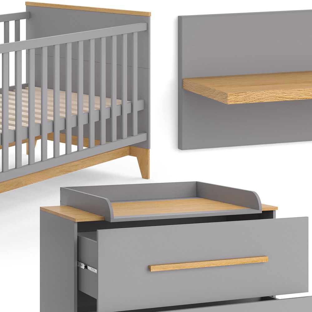 VitaliSpa Babymöbel Set Malia Grau Eiche Wickelkommode Wandregal Kinderbett Kleiderschrank Kinderzimmermöbel Wickelauflage Aufbewahrung Lattenrost Rausfallschutz Kleiderstange