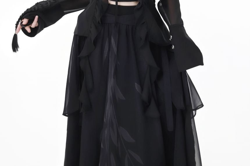 Florimi - Maxi A-lijn rok met mesh en hoge taille en bladprint