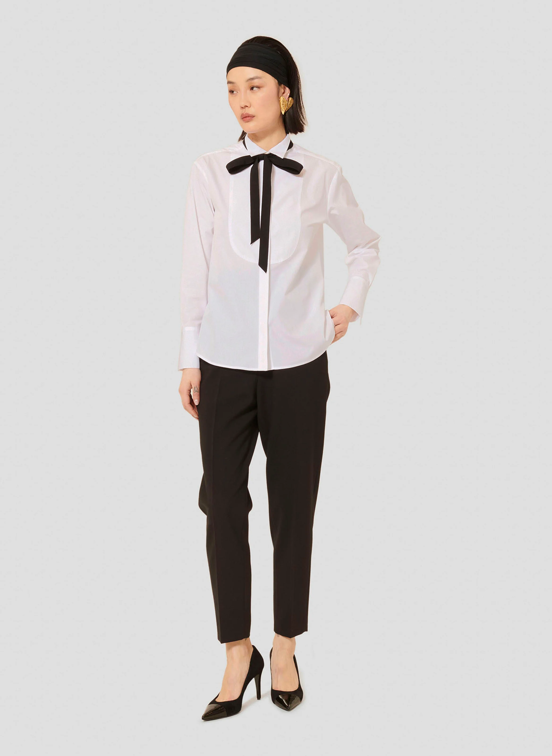 CLARE - Chemise droite à ruban en coton | Blanc