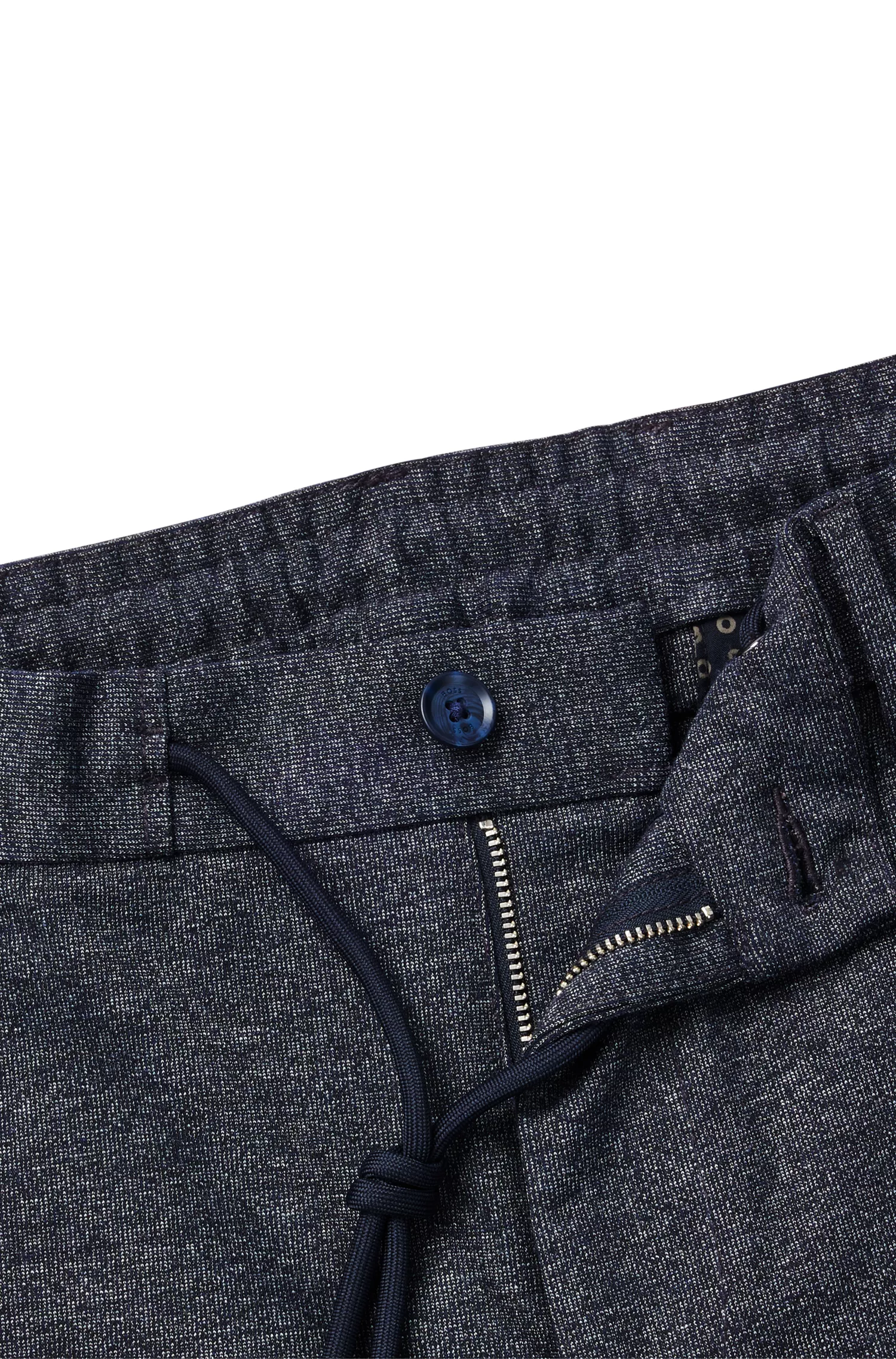 Calça BOSS preta, corte regular, em malha estampada.