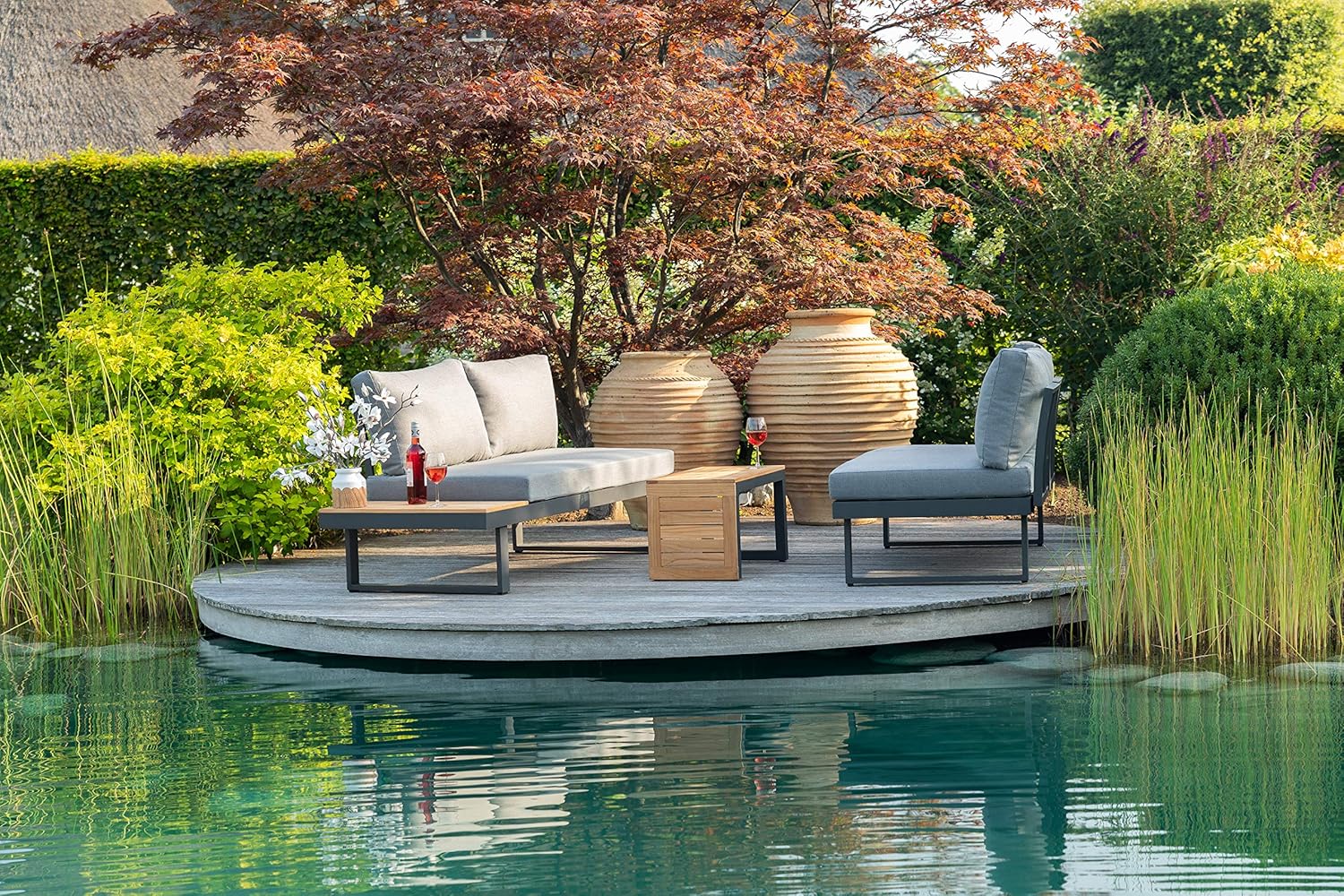 greemotion Lounge-Set Samara, Gartenmöbel-Set aus Aluminium, inklusive Kissen, Anthrazit / Holzfarben / Grau, Mittel