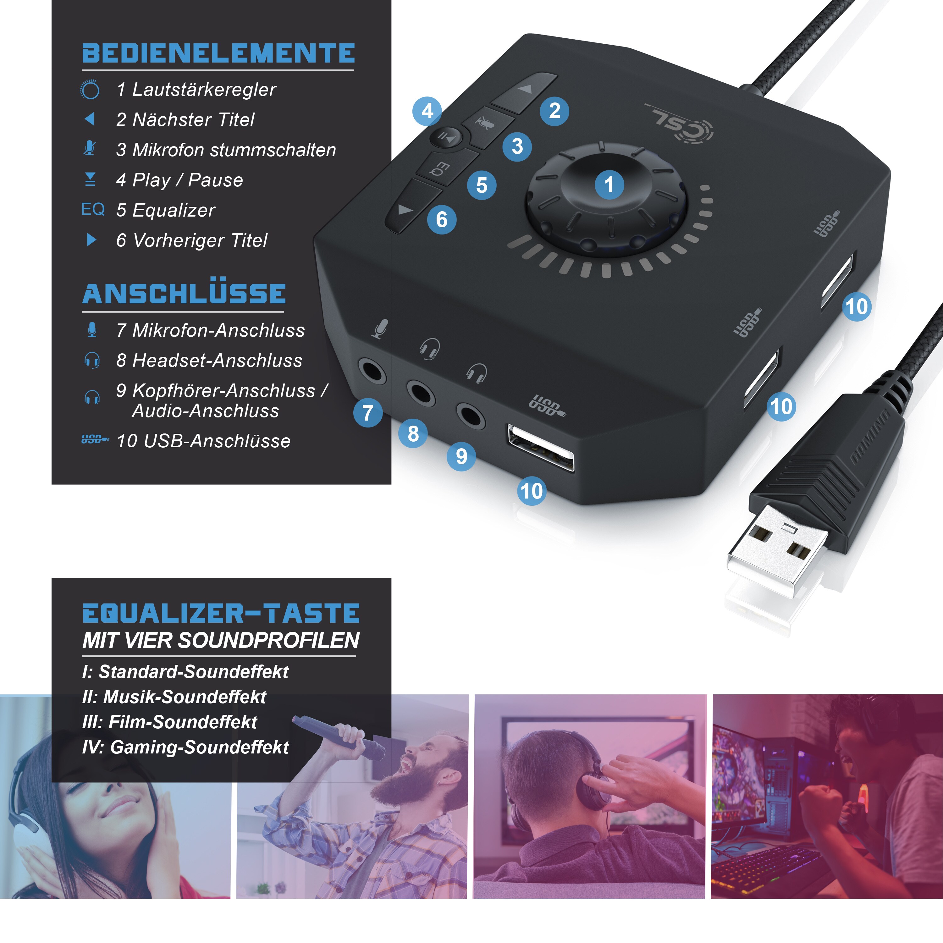 CSL externe USB Soundkarte mit Lautstärkeregelung Anschluss für Headset, Kopfhörer, Mikrofon