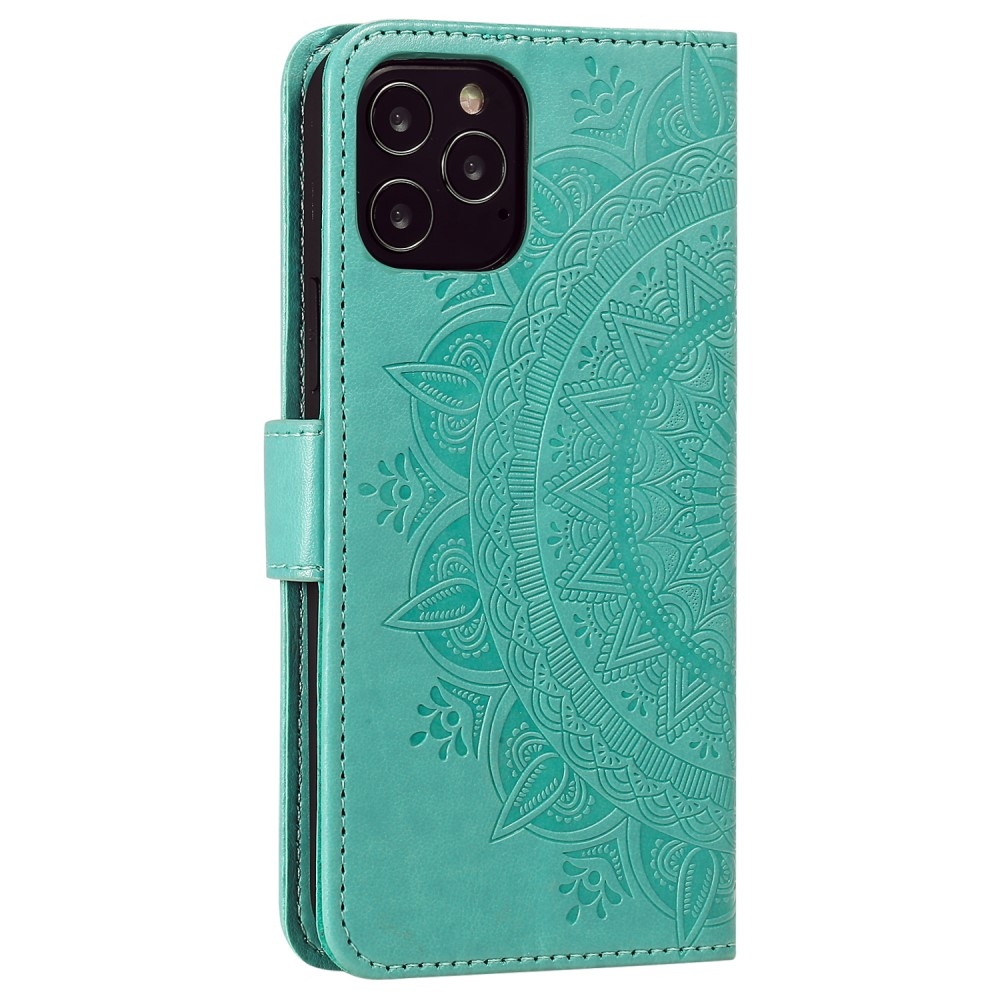 iPhone 12 / iPhone 12 Pro Leder Tasche Wallet - Mandala Flowers Imprint - Türkis