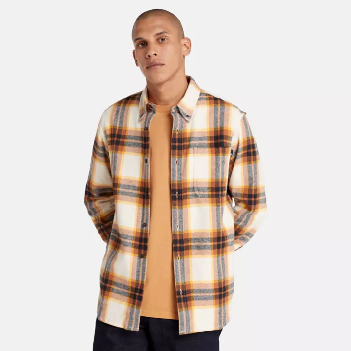 Camisa de flanela xadrez masculina em branco/laranja