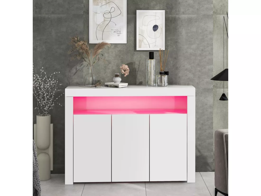 Buffet 3 portes et 1 niche - Panneau de particule - avec 16 couleurs LED et télécommande - Blanc