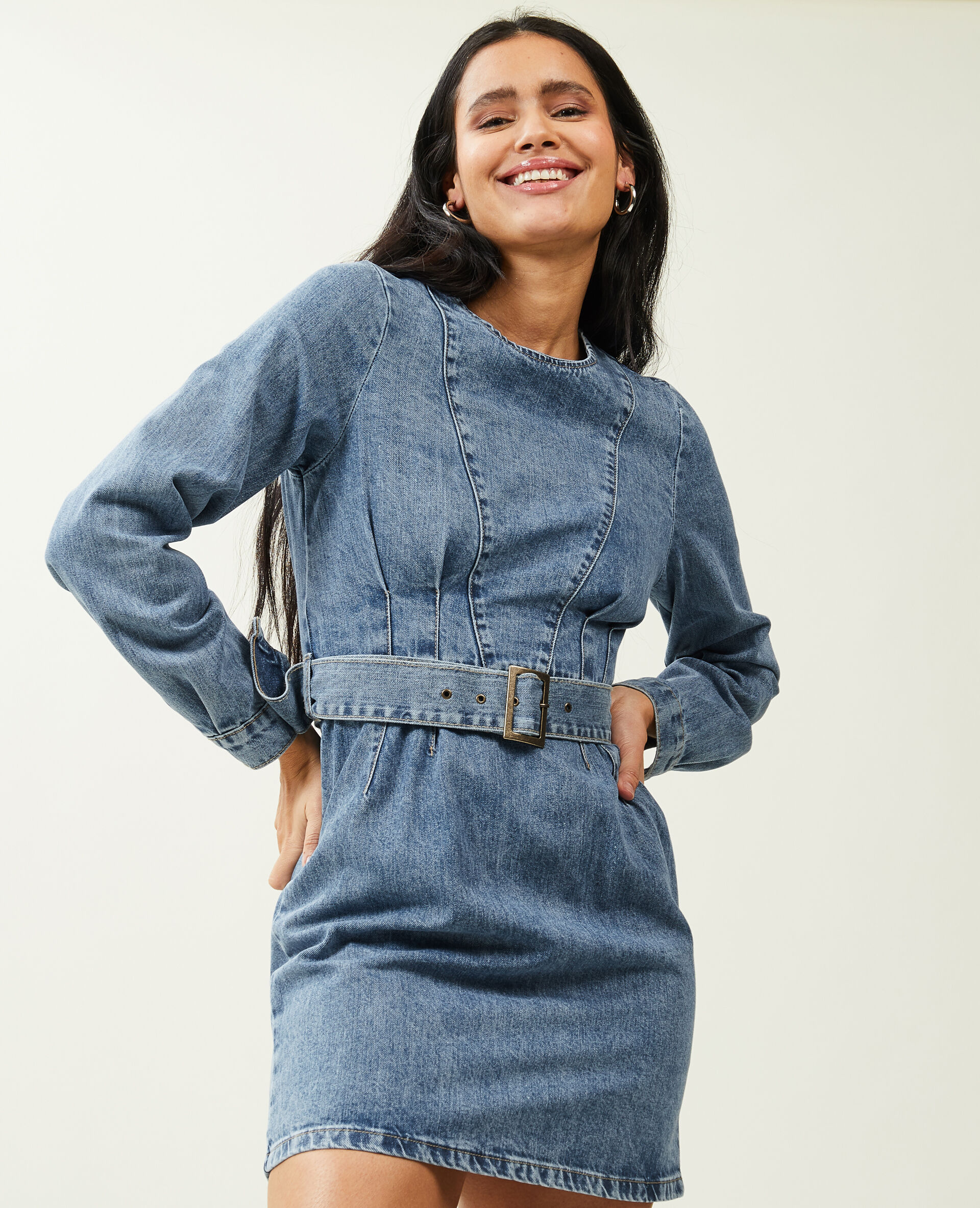 Robe en jean avec ceinture - Bleu