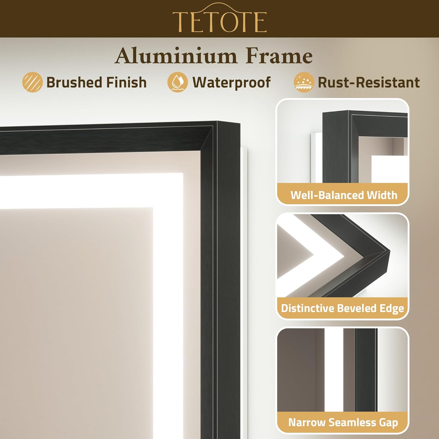 TETOTE Badspiegel mit Beleuchtung Schwarz Metallrahmen 60x80cm, Badezimmerspiegel Beleuchtet Beschlagfrei Wandspiegel Led Bad Spiegel mit Touch-Schalter, 3 Lichtfarben Dimmbar Speicherfunktion