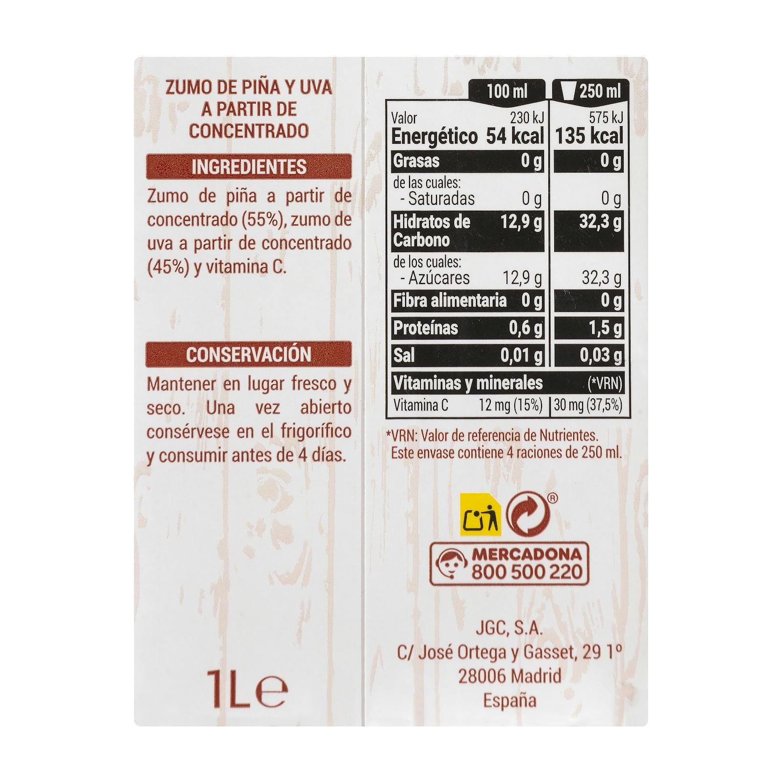 Jus d'ananas et de raisin Hacendado