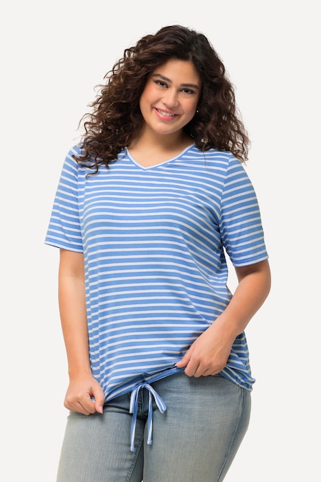 Shirt, Ringel, Saumband, V-Ausschnitt, Halbarm