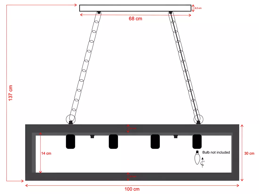 Suspension style industriel caisse rectangulaire en bois OLIUS - bois et métal -4 lampes - H. 31 x L.100 cm - naturel et noir