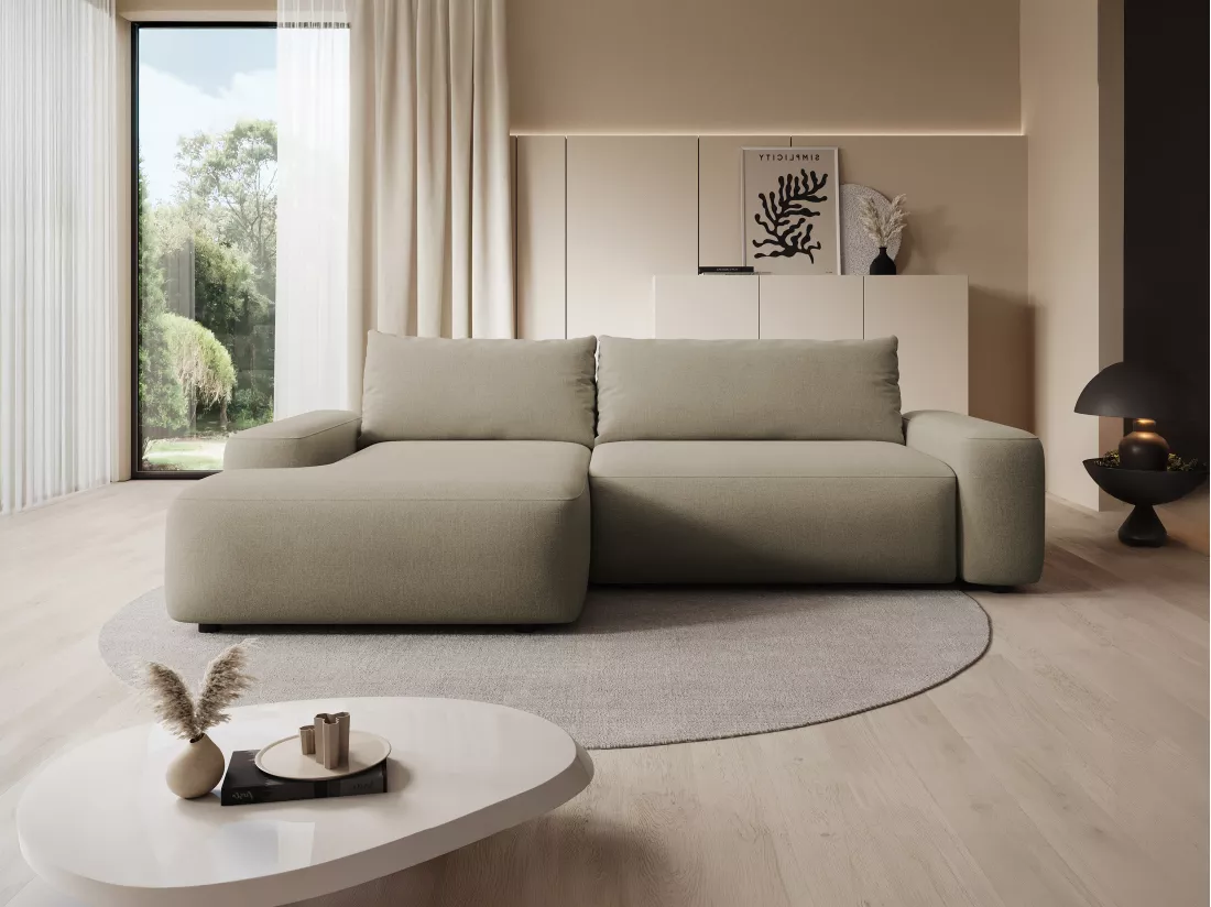 Canapé d'angle gauche convertible en tissu texturé taupe DAVISO