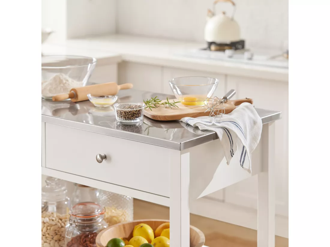 Desserte roulante Chariot de cuisine de 2 étages avec grand plan de travail en Acier Inox, FKW47-W