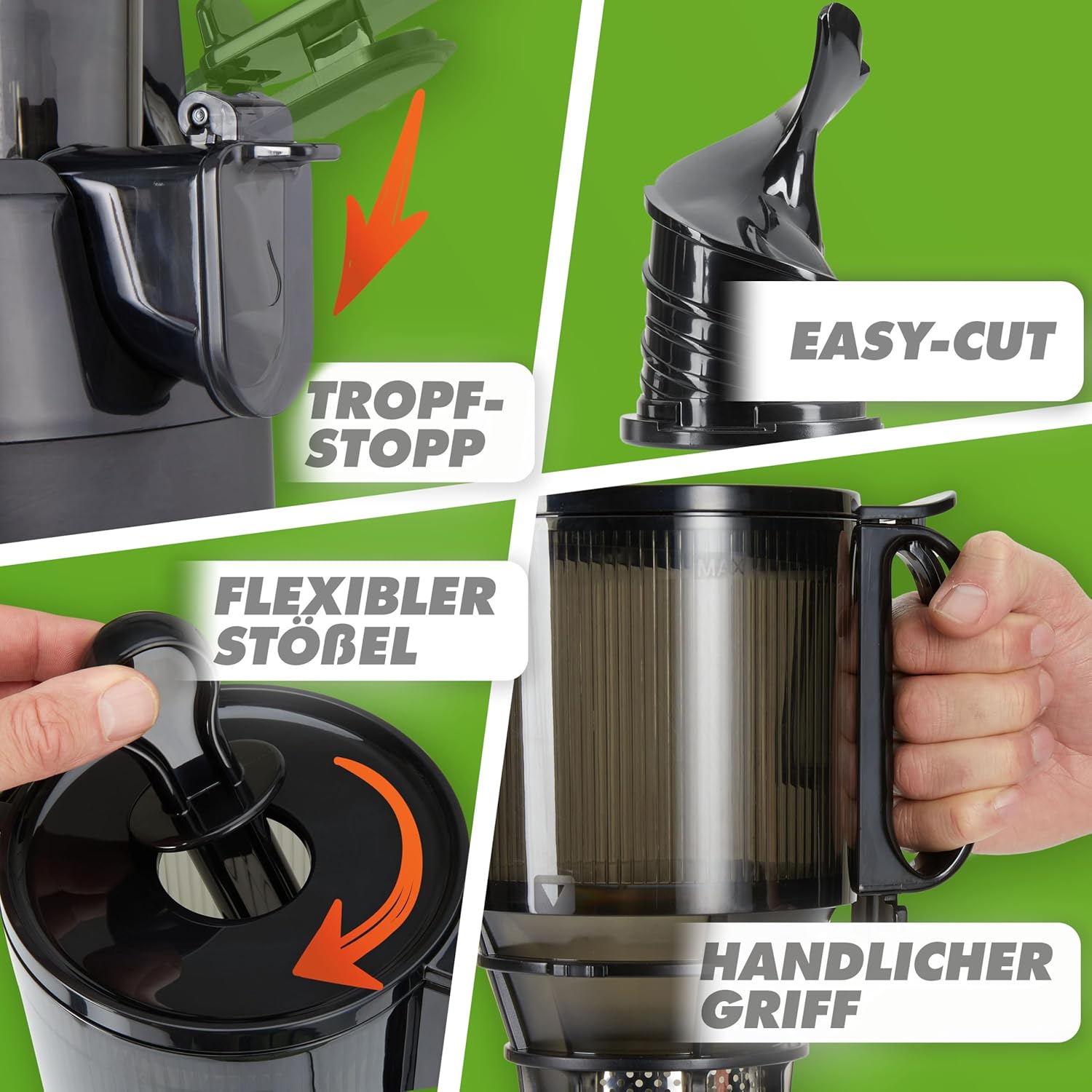 Nutrilovers Entsafter Slow Juicer NUTRI-PRESS MAX Ganze Früchte entsaften mit XXL 135 mm Öffnung, BPA-frei inkl. Saft-Flasche, Slow Juice Rezeptbuch