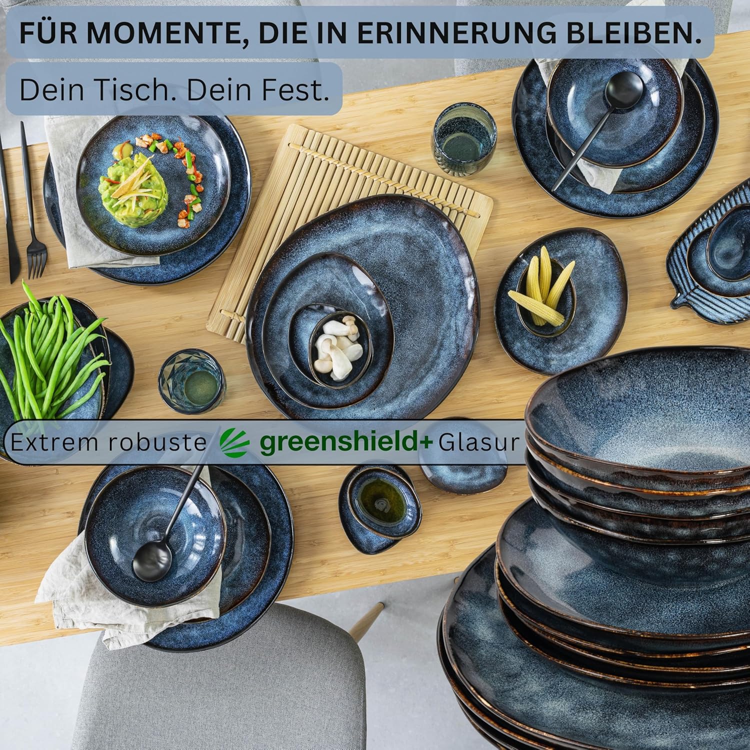 Sänger | Tafelservice Tokio 24 tlg, Geschirrset 8 Personen, Steingut Tableware Set, Essgeschirr, Modern Handmade, Essservice Dunkelblau mit schwarzen Akzenten| PREMIUM COLLECTION
