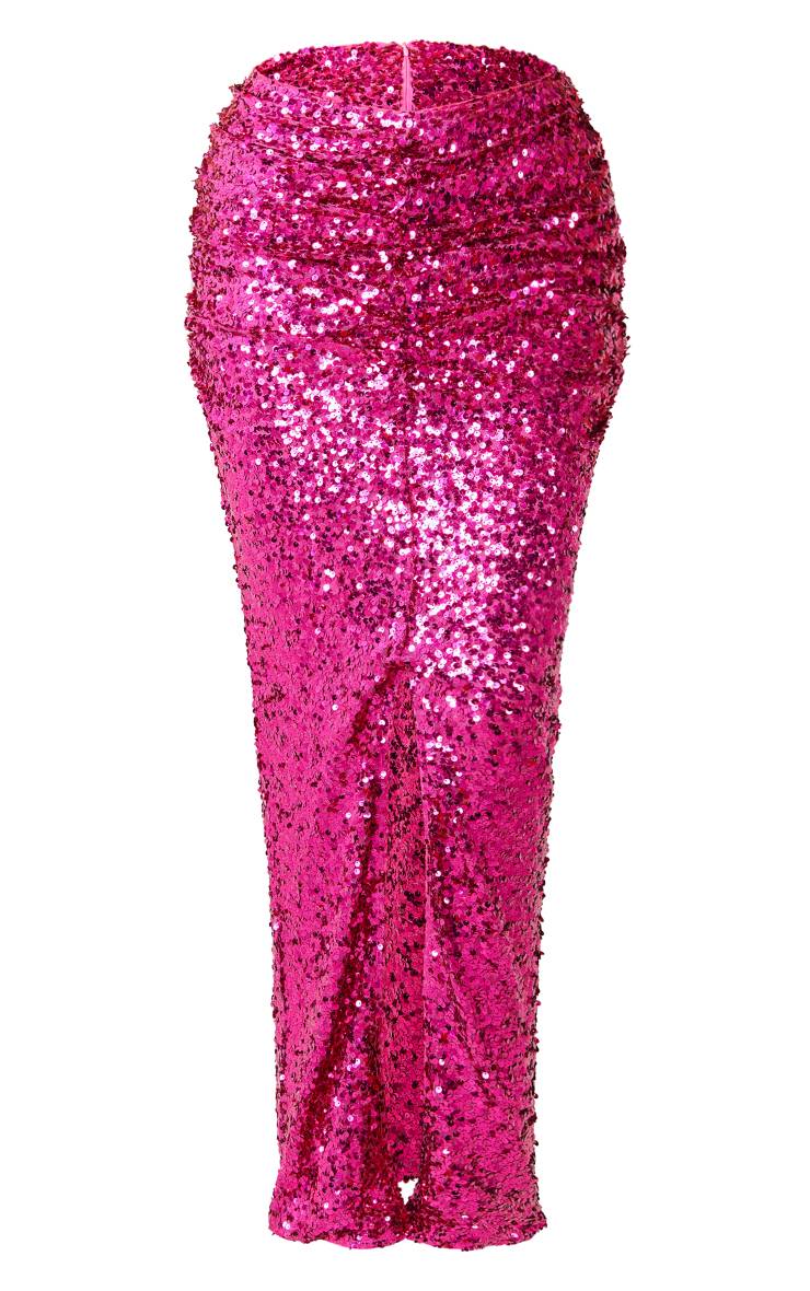 Rose Vif Jupe Longue À Taille Froncée Ornée De Sequins