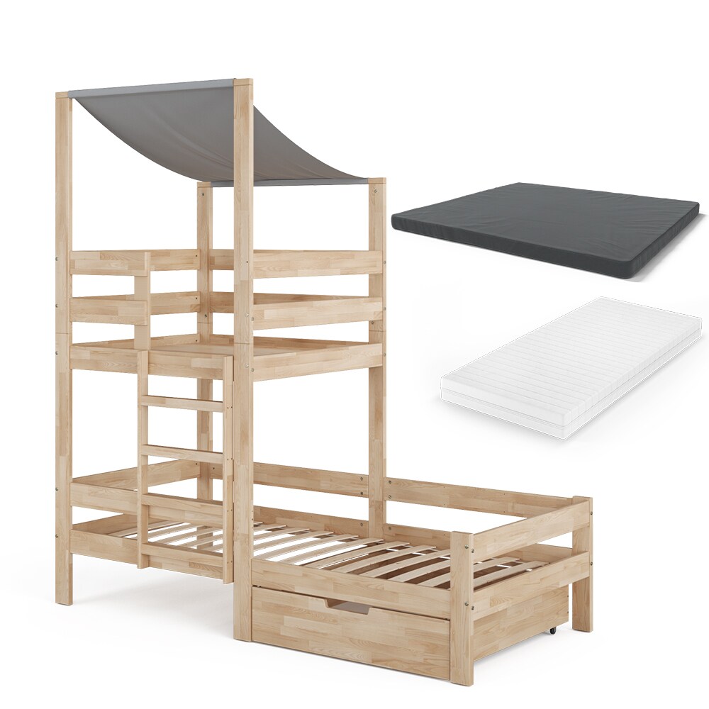 VitaliSpa Spielturmbett Kinderbett Spielbett Tom Natur modern 204x218 cm Massivholz Kinderzimmer Lattenrost Bettleiter Bett Schublade Matratze Abenteuerbett Kletterbett
