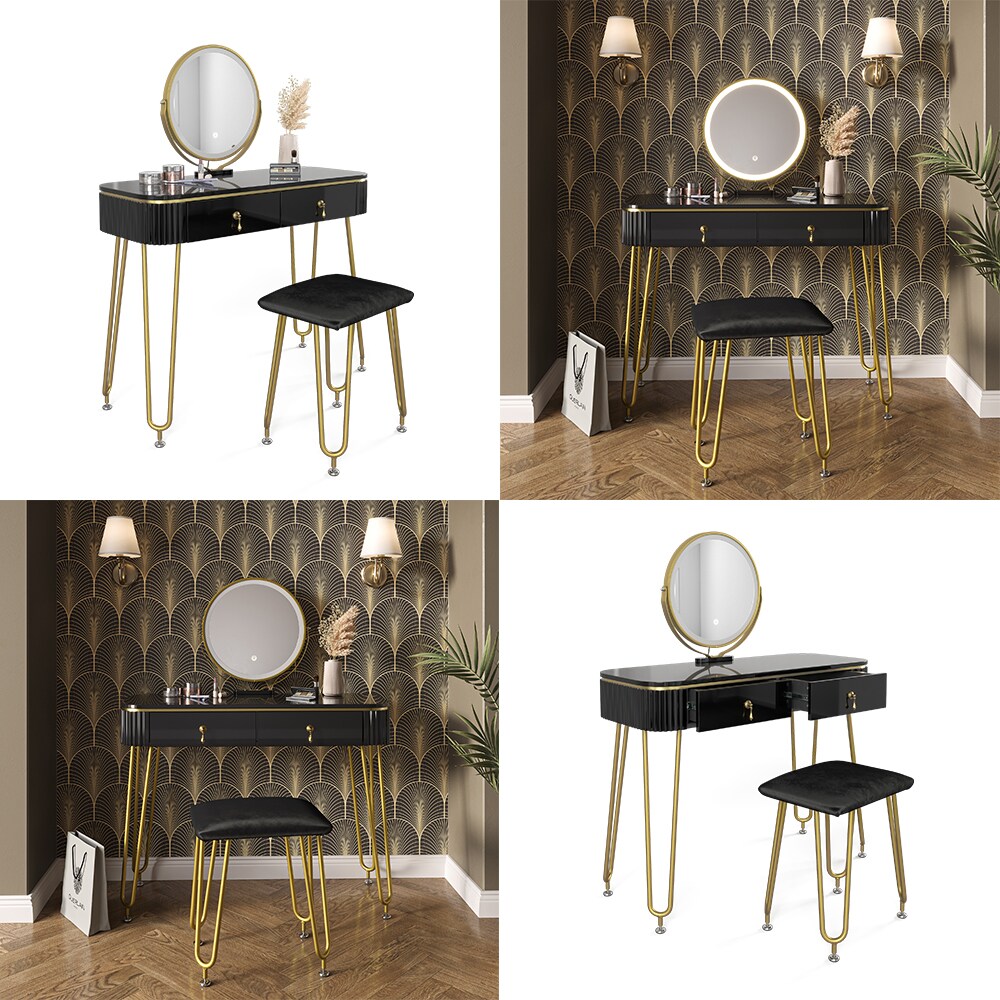 Vicco Schminktisch Frisiertisch Schminkkommode Grace Schwarz Hochglanz LED-Spiegel Hocker 100x126 cm modern Schlafzimmer Kommode Schublade Ablage Aufbewahrung Kosmetiktisch Schminkkonsole Make-Up-Tisch