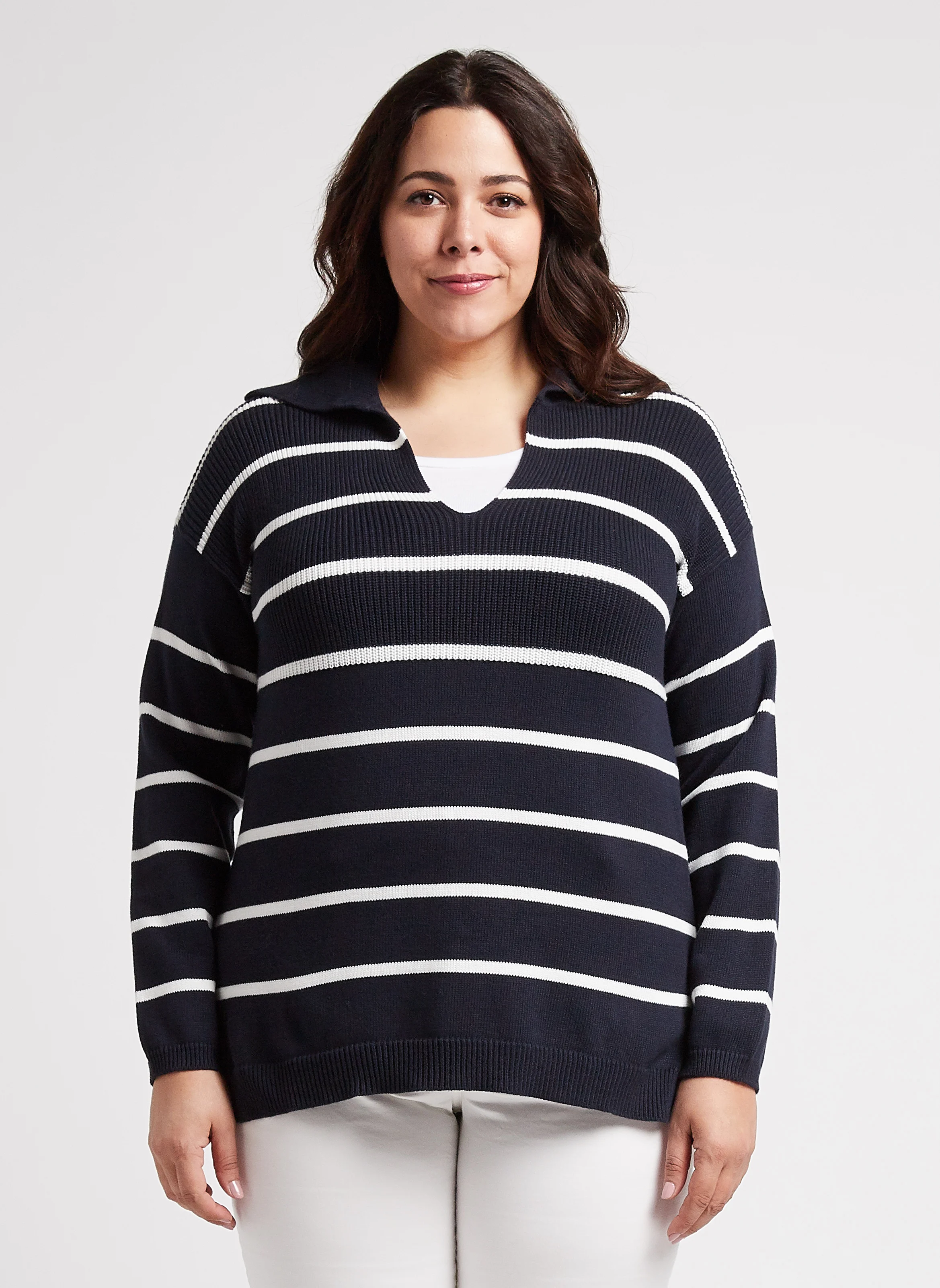 AGATA - Pull marin à col tunisien en coton| Bleu