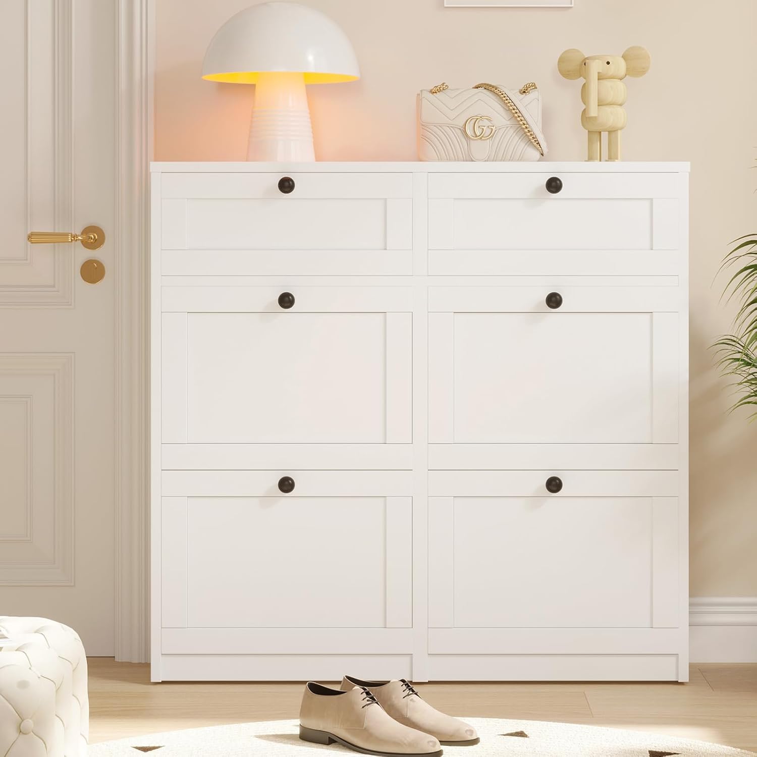 VOWNER Schuhschrank mit 4 Klappen, Schuhregal Schuhkipper Schmal, Schuhschrank Weiss, Schuhablage Verstellbar, 105 x 24 x 100 cm, Anti-Kipp-Vorrichtung für Eingangsbereich, Flur (Weiss)