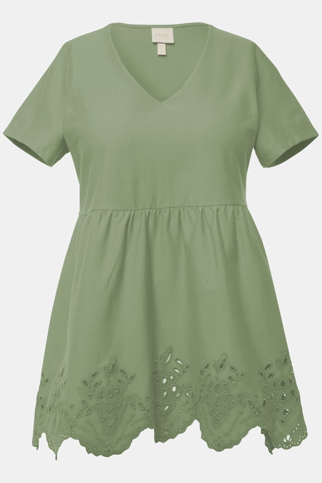 T-Shirt, Saum-Stickerei, A-Linie, V-Ausschnitt, Halbarm
