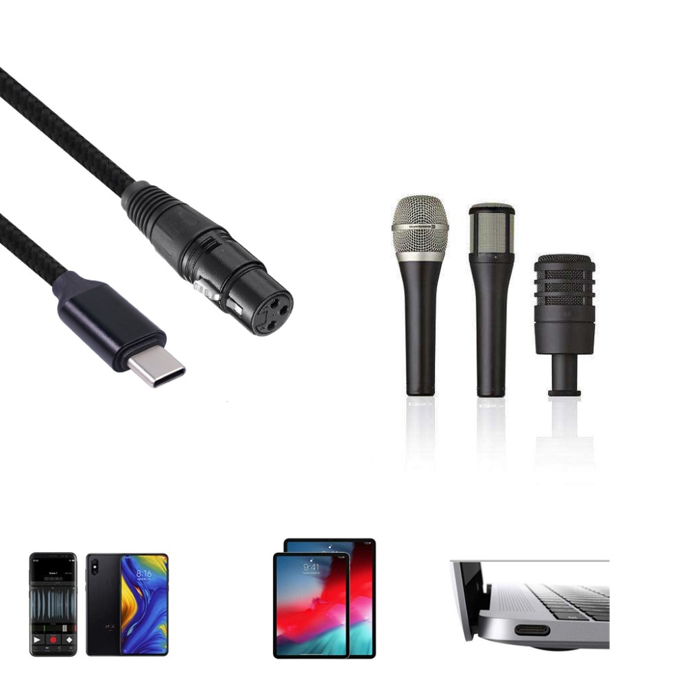 (2m) USB C auf XLR Mikrofon Adapter Nylon Kabel (MacOS/Windows) - Schwarz