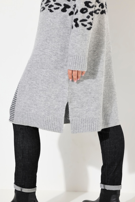 Long-Strickjacke, Leomuster, V-Ausschnitt, Langarm