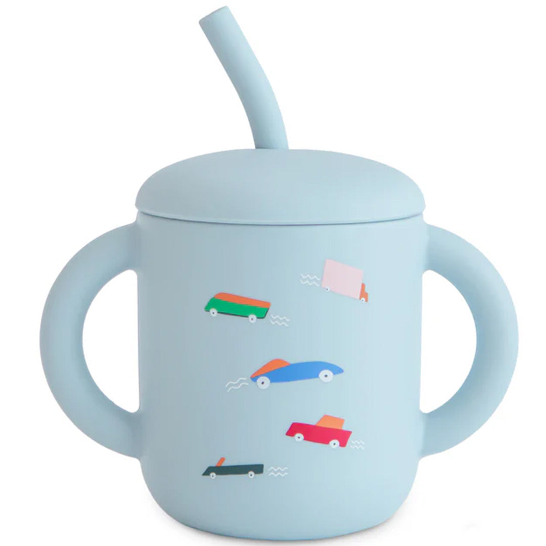 mushie siliconen kinderbeker met rietje - retro cars