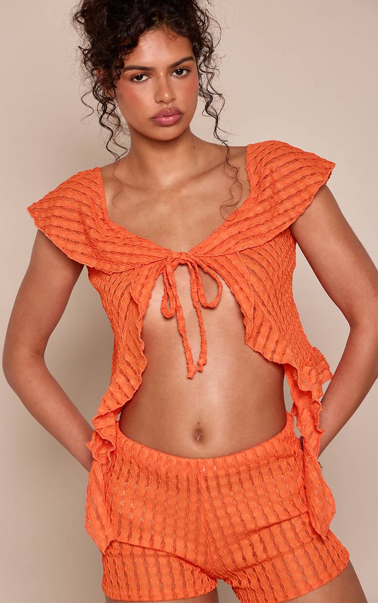 Orange Ensemble Coordonné Haut Bardot Texturé À Nouer