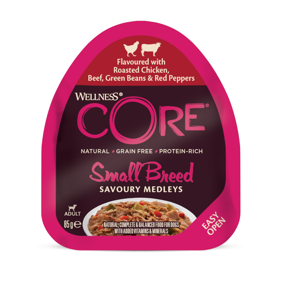 Pote de 85g de ração para cães de raças pequenas Wellness Core, sem grãos, com frango e carne bovina.