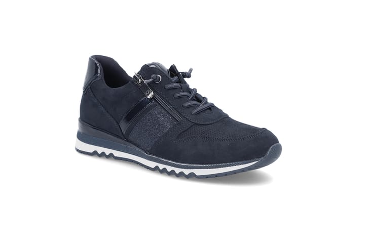 Mørkeblå sneakers med kombinasjon av tekstil og syntetisk materiale for en trendy look.