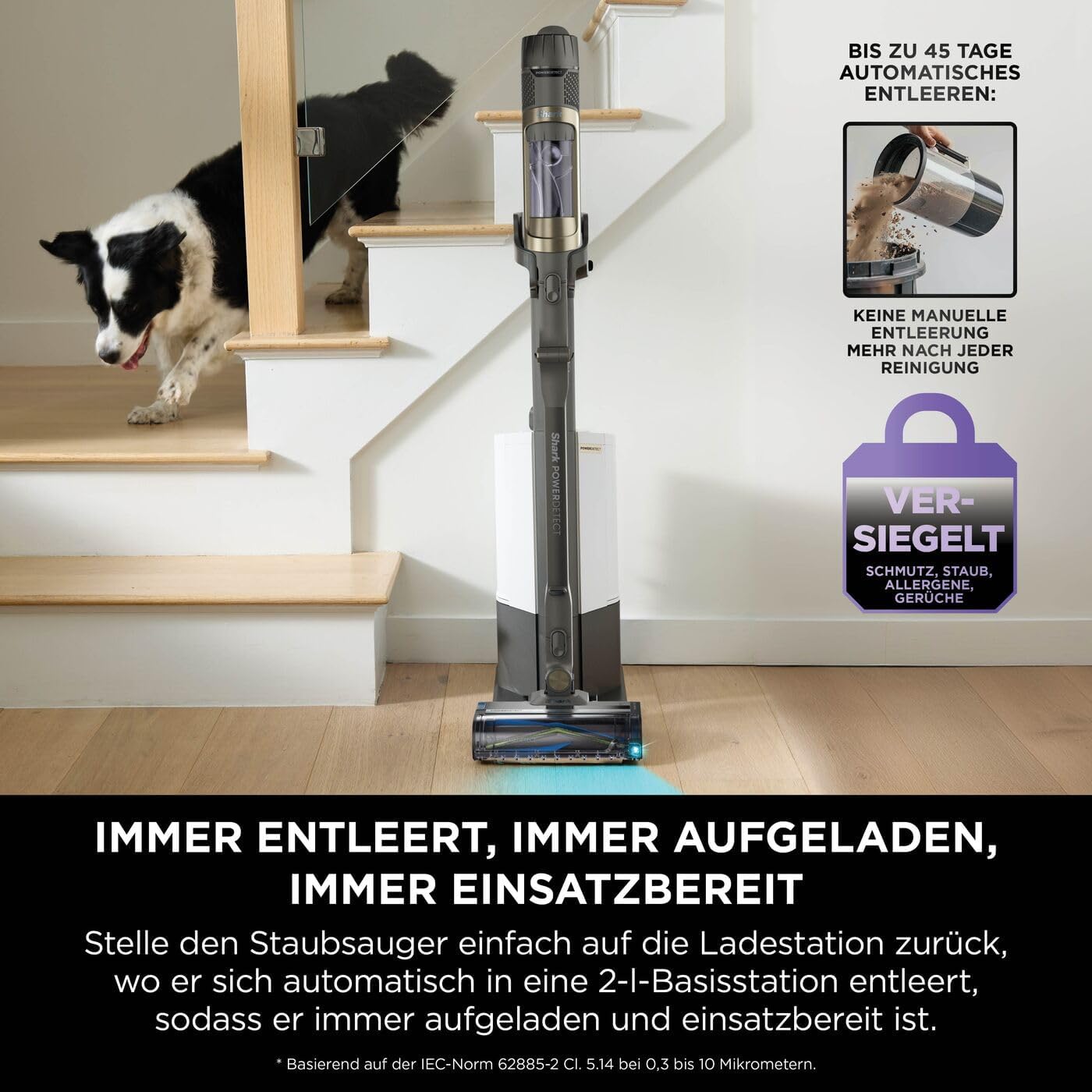 Shark PowerDetect Clean & Empty Akku-Staubsauger mit Absaugstation, bis 70 Min. Laufzeit, kabellos, selbstentleerend, für Tierhaare, Allergiker, Teppich und Hartböden, mit LED-Licht, IP3225EUT