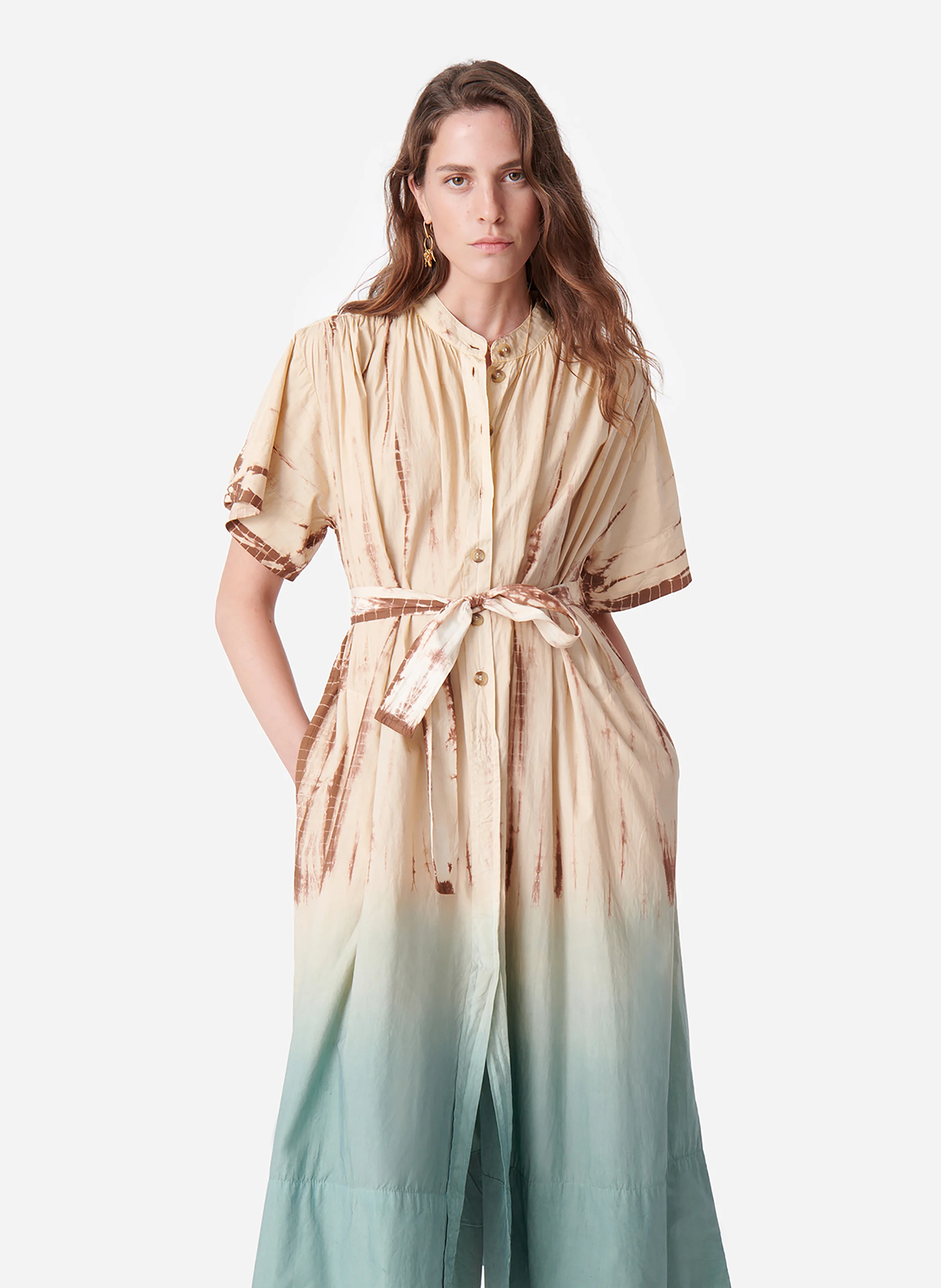 CIAO - Robe longue col mao en coton | Vert