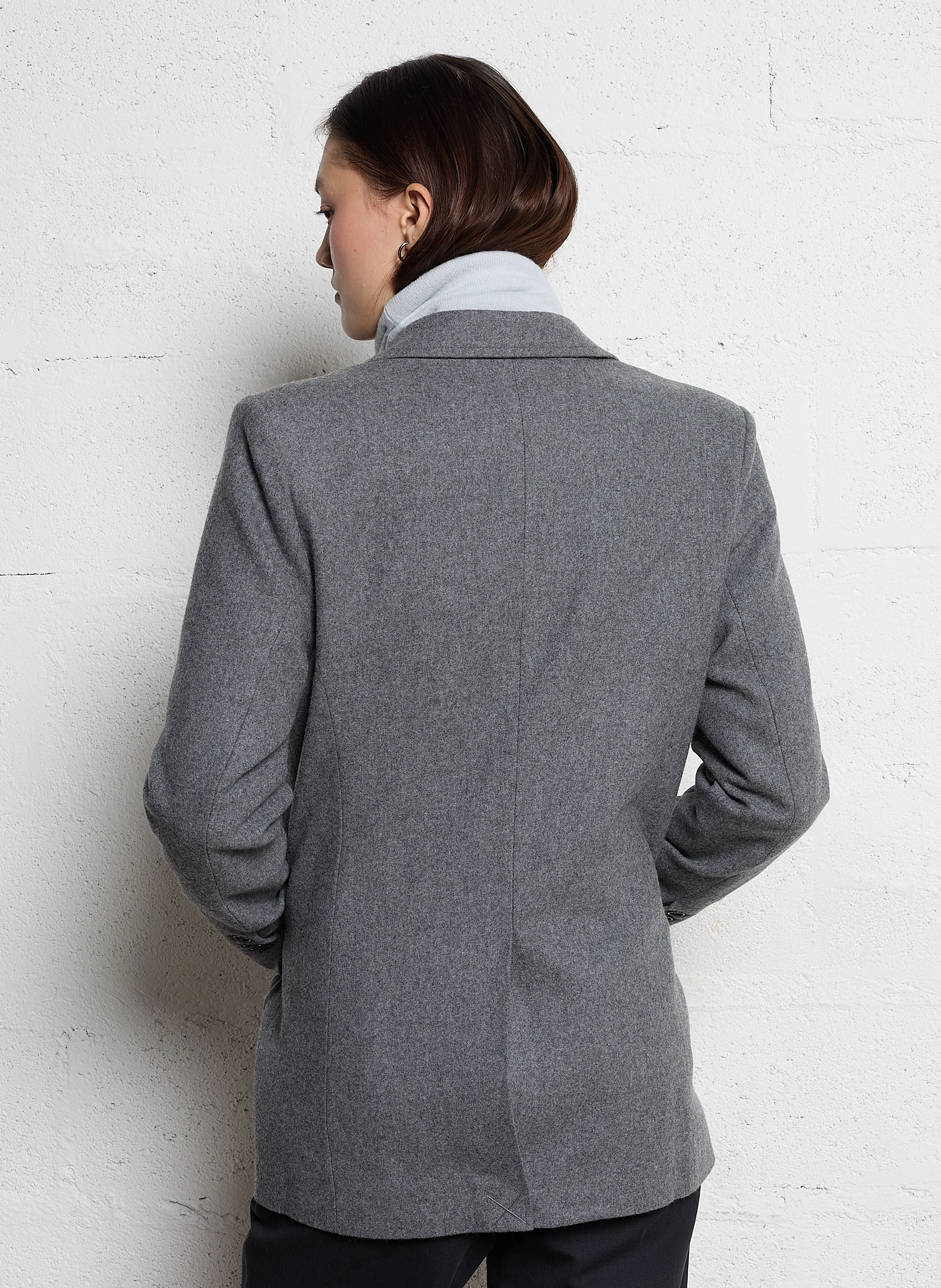 LALI - Veste droite col tailleur en flanelle de laine et soie | Gris