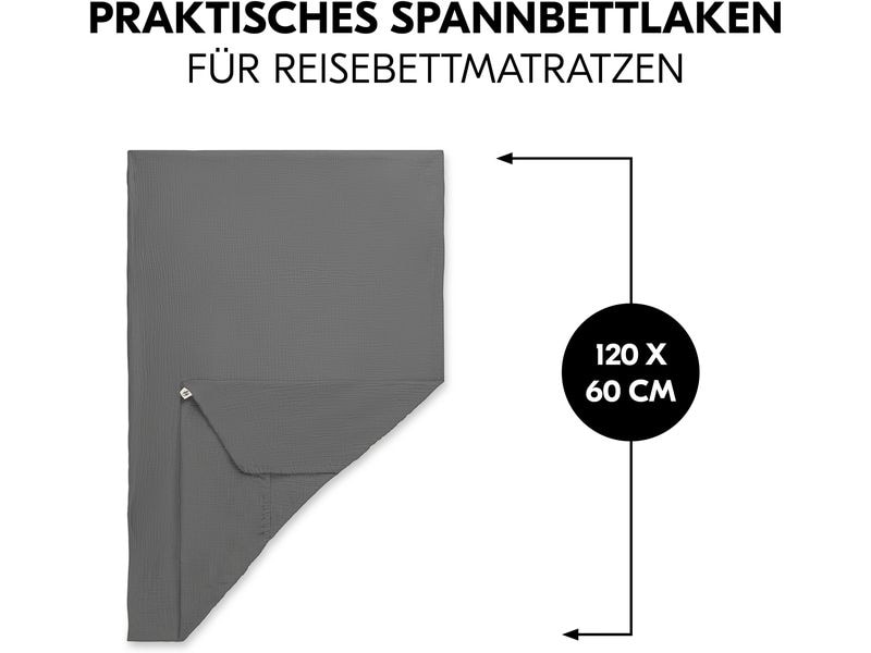Hauck Fix-Leintuch Reisebett 120 x 60 cm, Dunkelgrau Weiches Spannbettlaken für Reisebettmatratzen