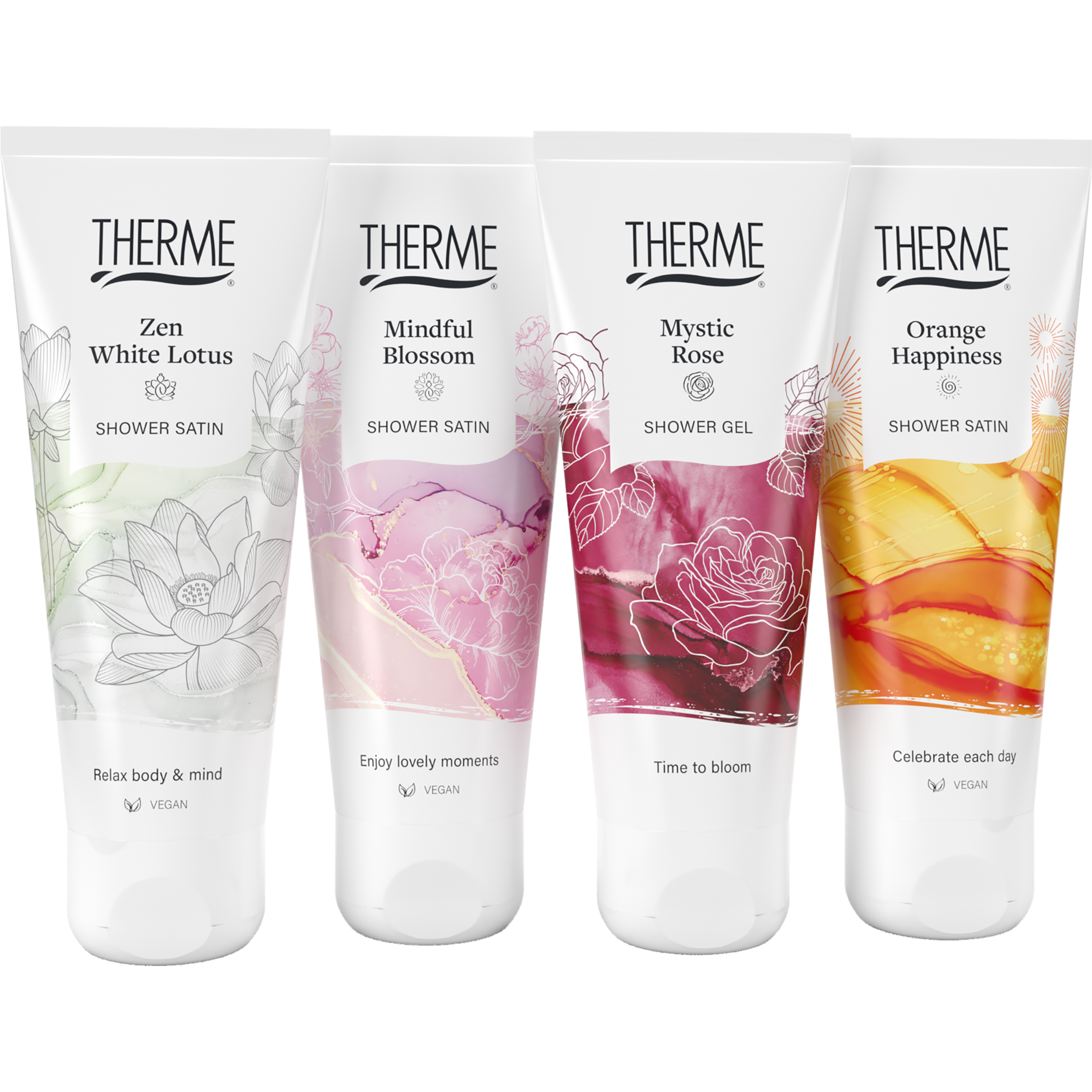 Therme Gift Set Favorites Shower Satin Zen White Lotus, Mindful Blossom, Orange Happiness, Showergel Mystic Rose (1 set)