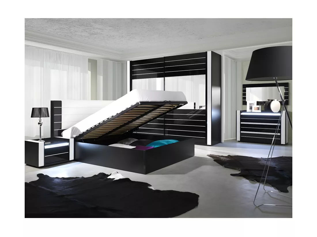 Ensemble design pour chambre à coucher LINA noir. Lit coffre 180x200 + 2 chevets avec LED + commode avec LED
