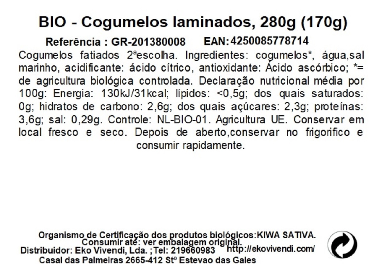 COGUMELOS LAMINADOS GREEN BIO 280G (170G)