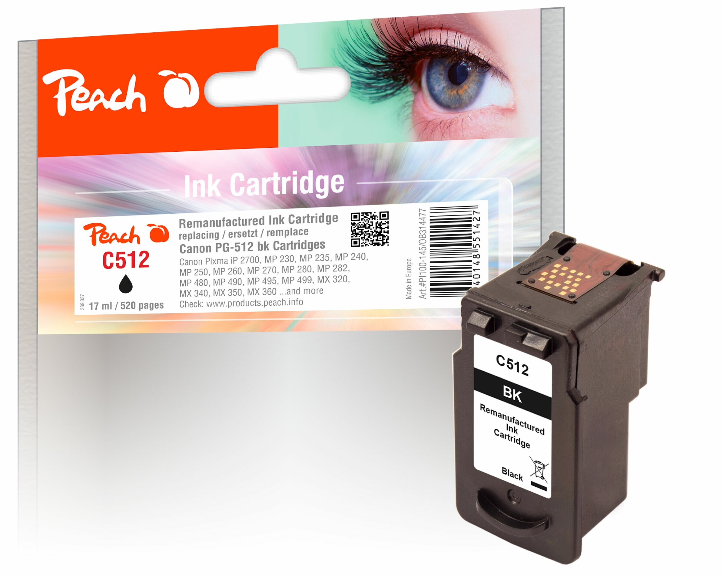 Peach C512 BK Druckkopf XL bk ersetzt Canon PG-512BK, 2969B001 für z.B. Canon Pixma MP 250, Canon Pixma MX 360, Canon Pixma IP 2700 (wiederaufbereitet)