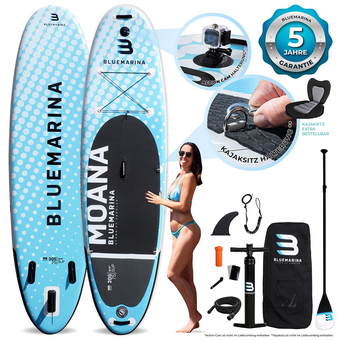 Bluemarina SUP Board Moana, aufblasbar mit Double Layer, Paddel, Pumpe, Rucksack, 5J Garantie (305x76x15cm / 10')