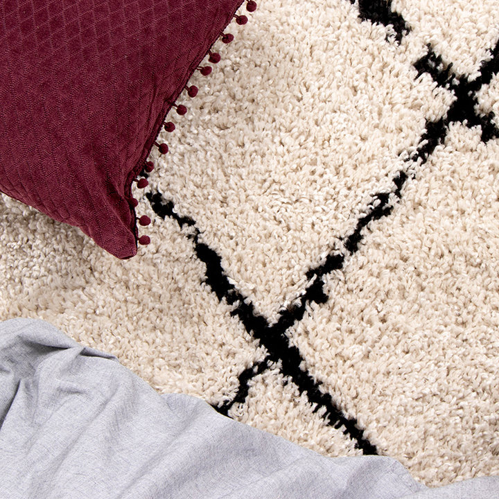 Rond hoogpolig vloerkleed - Grand Lines Weave Creme/Zwart
