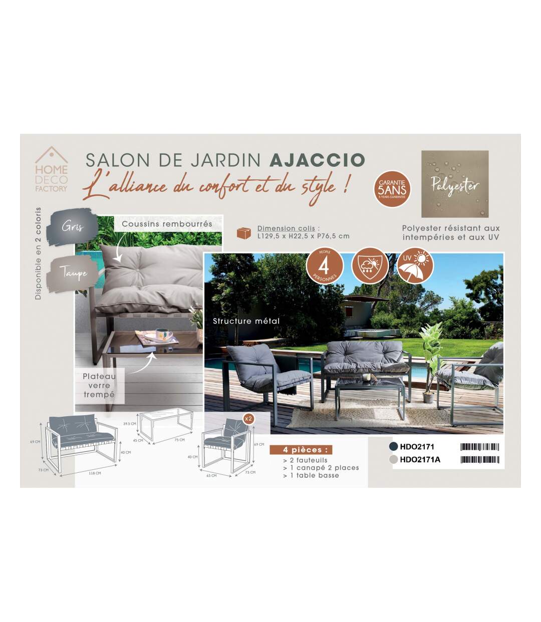 Salon de jardin détente 4 pièces avec coussins Ajaccio Coussins gris