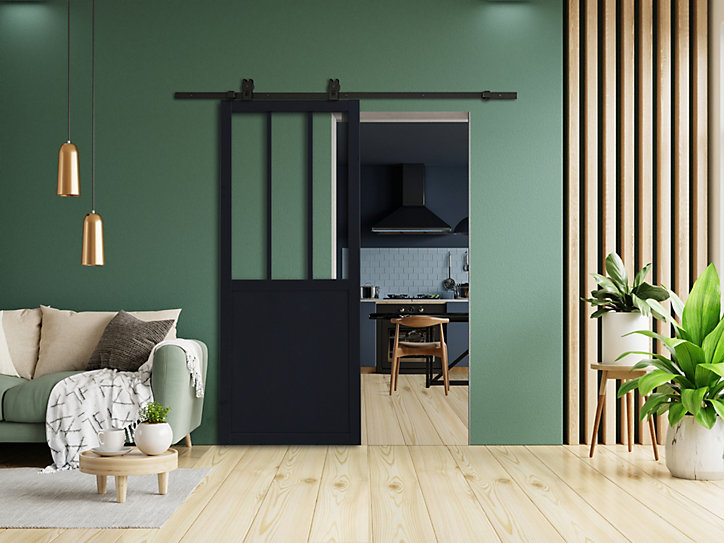 Porte coulissante vitrée esprit atelier noir H.204 x l.93 cm